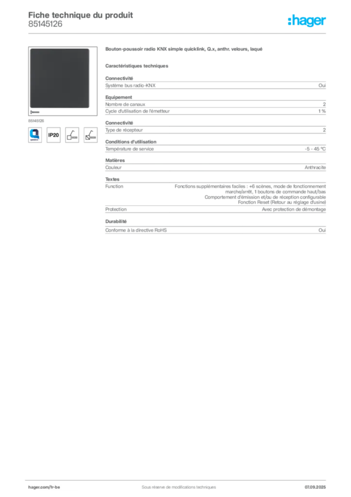 Image Hager Fiche technique du produit 85145126 | Hager Belgique