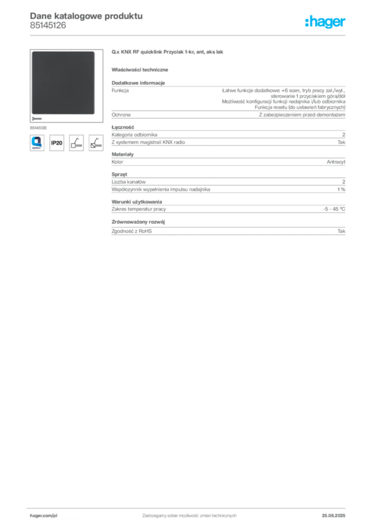 Zdjęcie Hager Karta katalogowa 85145126 | Hager Polska