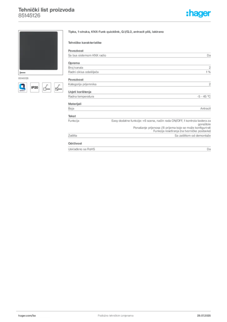 Slika Hager Product data sheet 85145126  | Hager