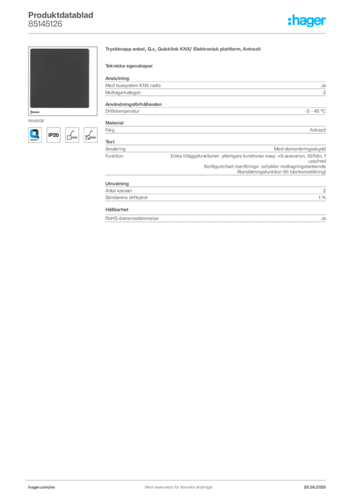 Bild Hager Produktdatablad 85145126 | Hager Sverige
