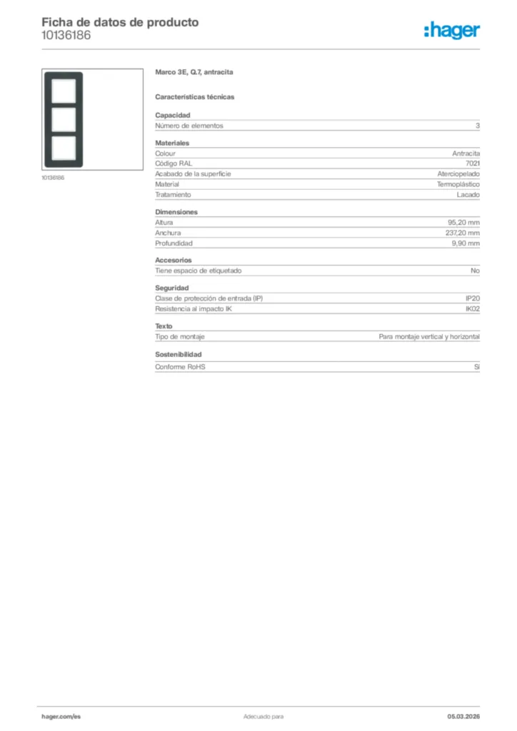 Imagen Hager Ficha de datos de producto 10136186 | Hager España