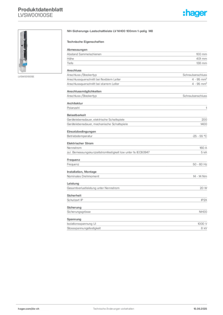 Bild Hager Produktdatenblatt LVSW00100SE | Hager Schweiz