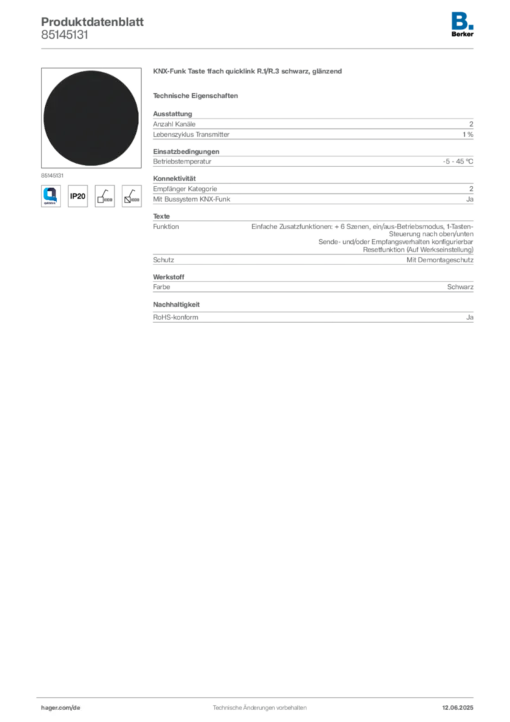 Bild Berker Produktdatenblatt 85145131 | Hager Deutschland