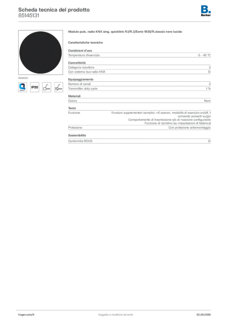 Immagine Berker Scheda tecnica del prodotto 85145131 | Hager Italia