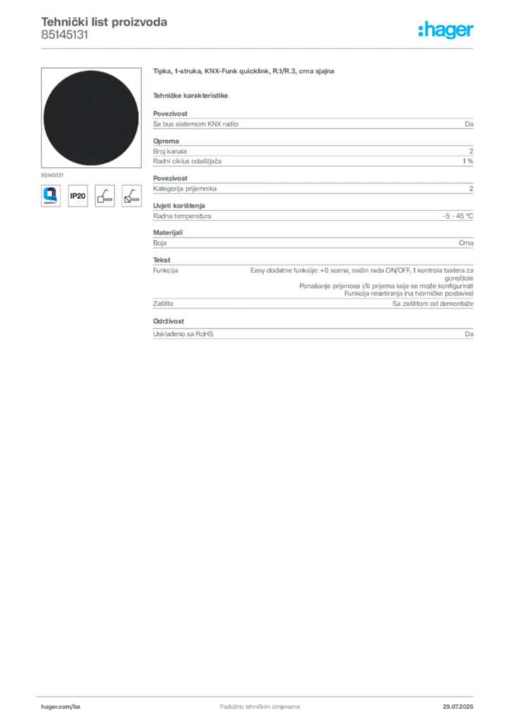 Slika Hager Product data sheet 85145131  | Hager