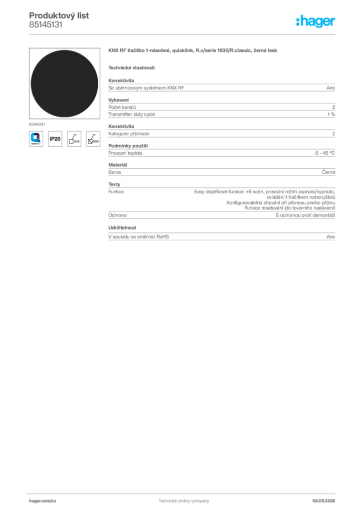 Obrázek Hager Produktový list 85145131 | Hager