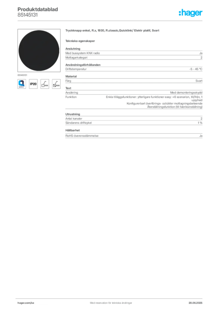 Bild Hager Produktdatablad 85145131 | Hager Sverige