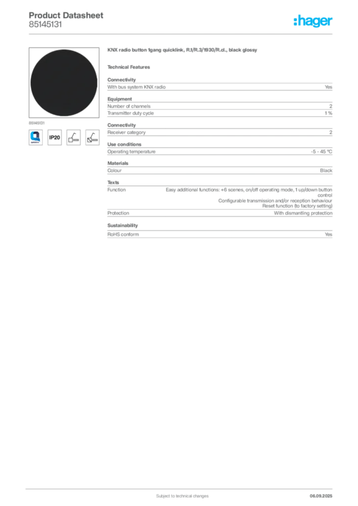 Image Hager Product data sheet 85145131  | Hager