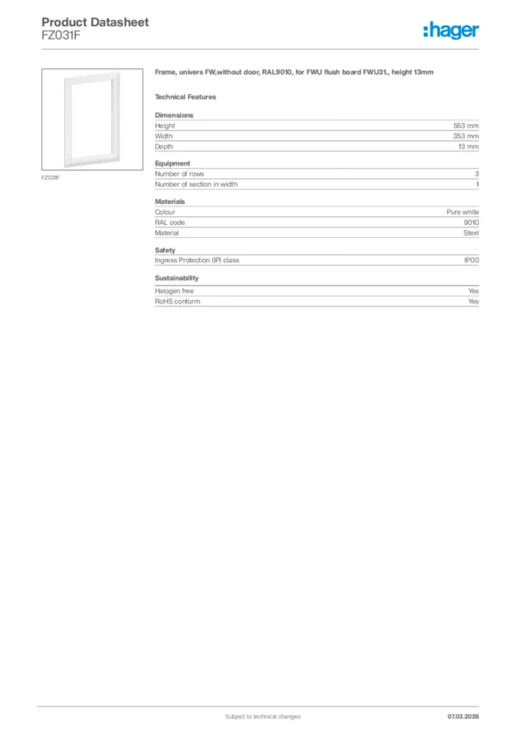 Image Hager Product data sheet FZ031F  | Hager Africa