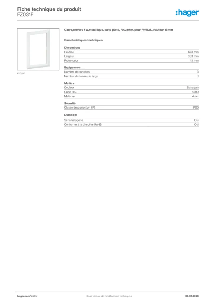 Image Hager Fiche technique du produit FZ031F | Hager Afrique