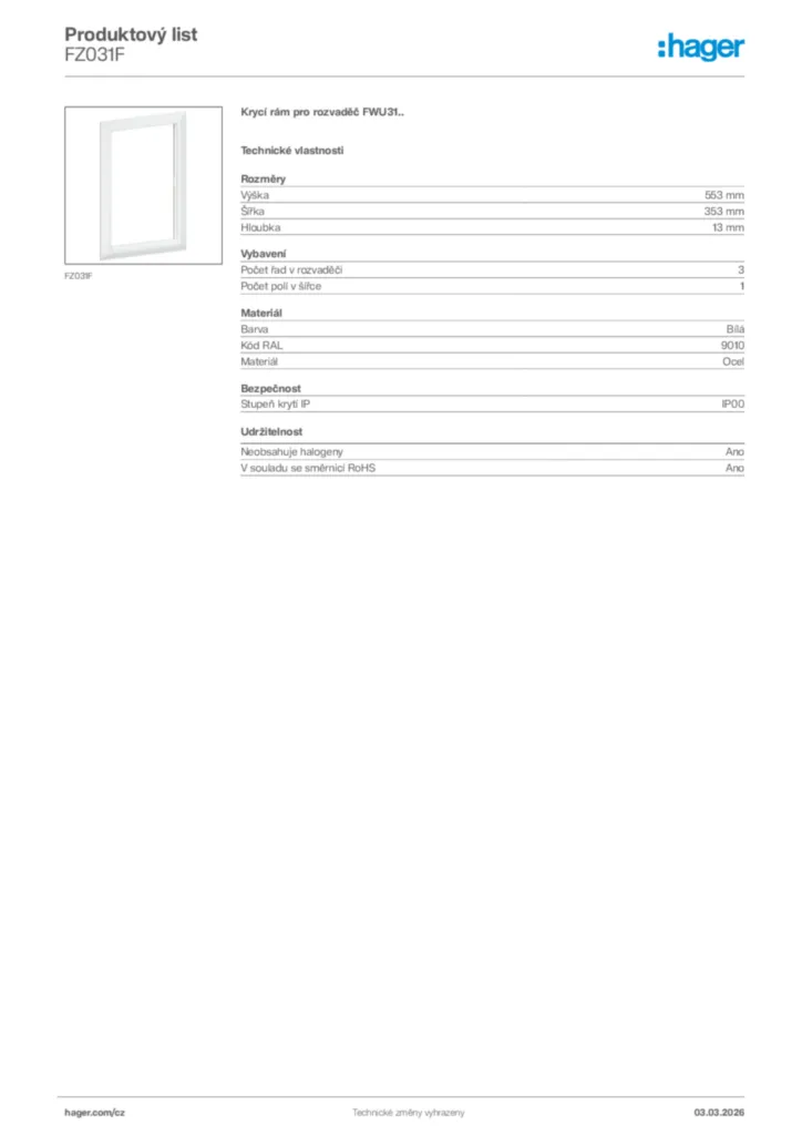 Obrázek Hager Product data sheet FZ031F | Hager