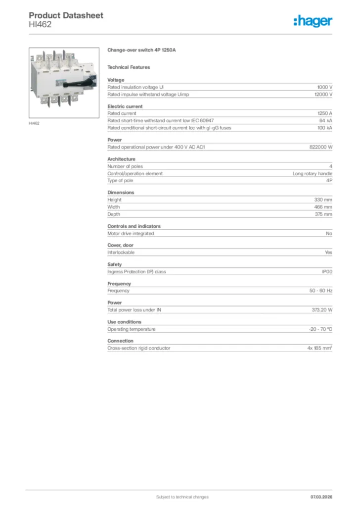 Image Hager Product data sheet HI462  | Hager Africa