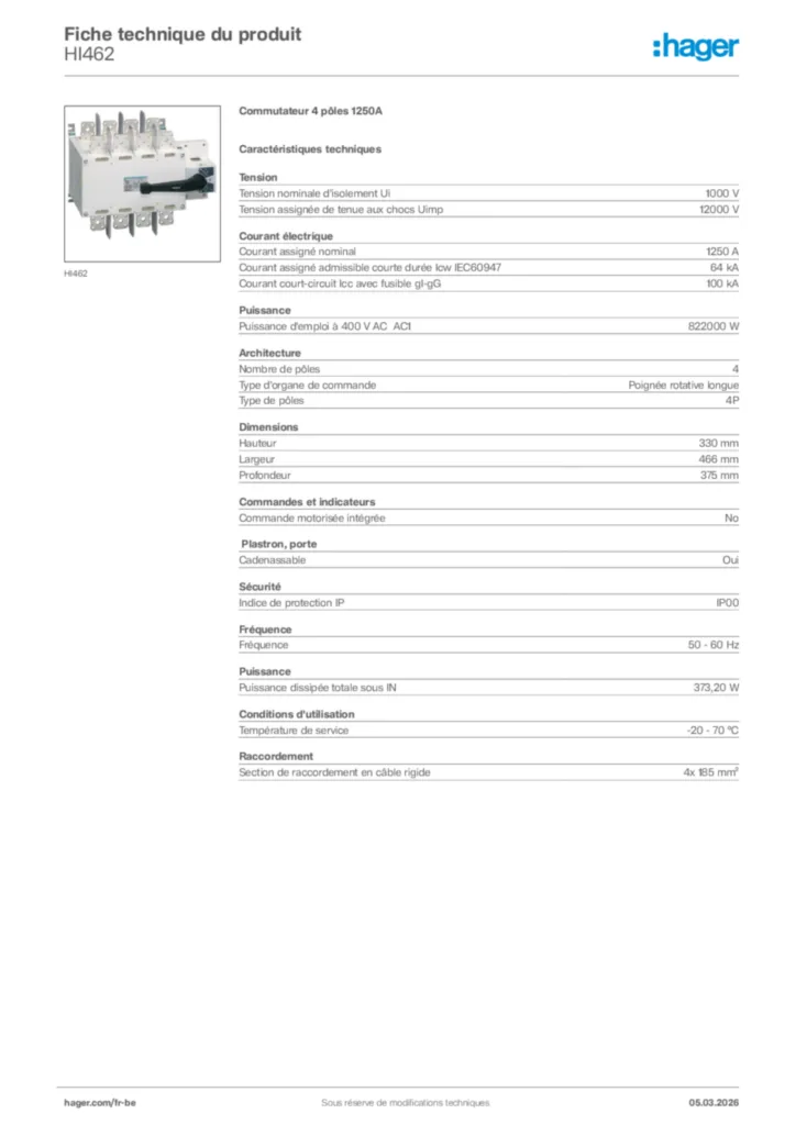 Image Hager Fiche technique du produit HI462 | Hager Belgique