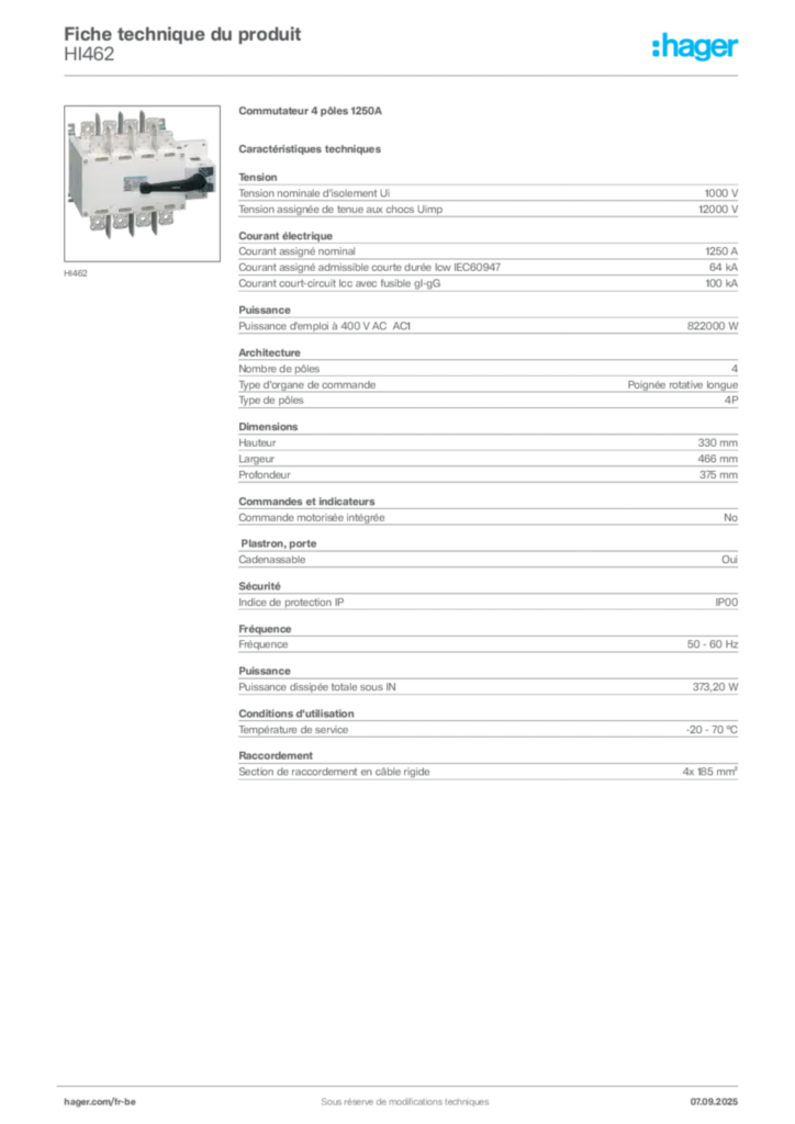 Image Hager Fiche technique du produit HI462 | Hager Belgique
