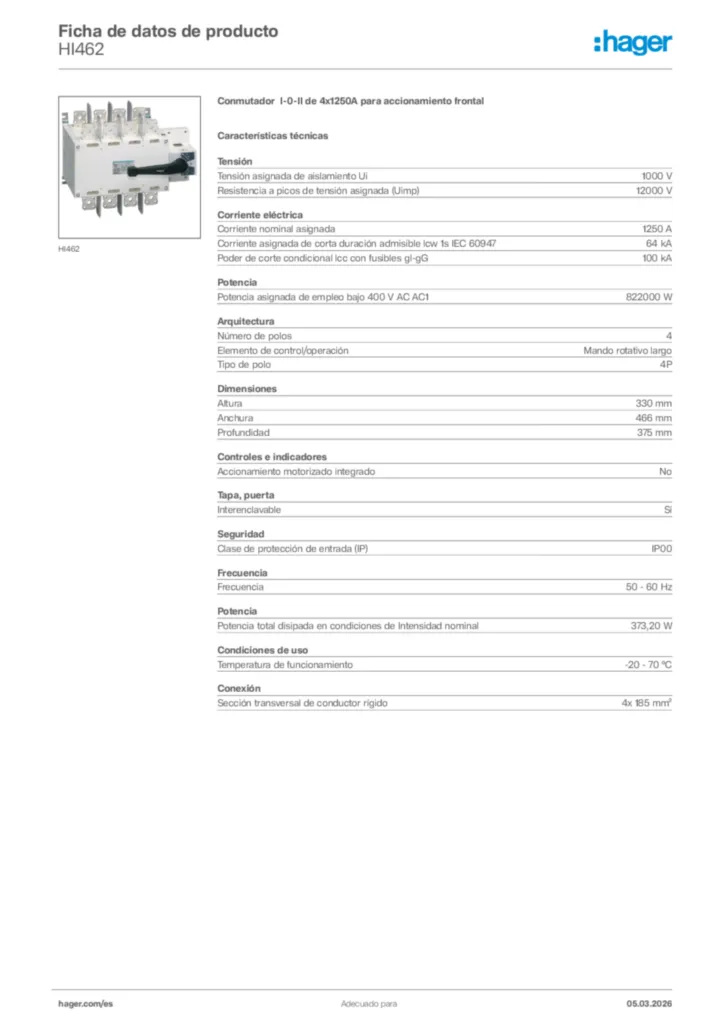 Imagen Hager Ficha de datos de producto HI462 | Hager España