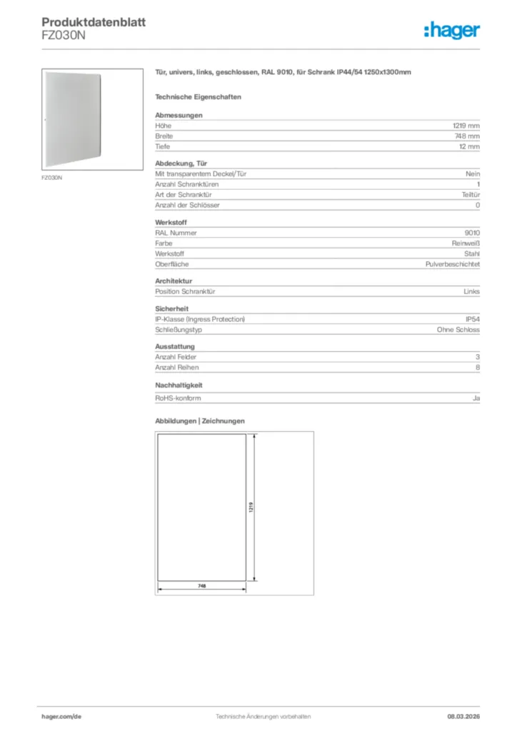 Bild Hager Produktdatenblatt FZ030N | Hager Deutschland