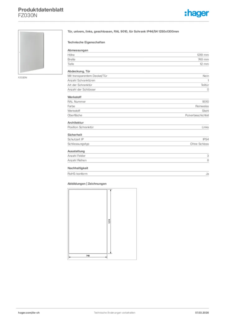 Bild Hager Produktdatenblatt FZ030N | Hager Schweiz
