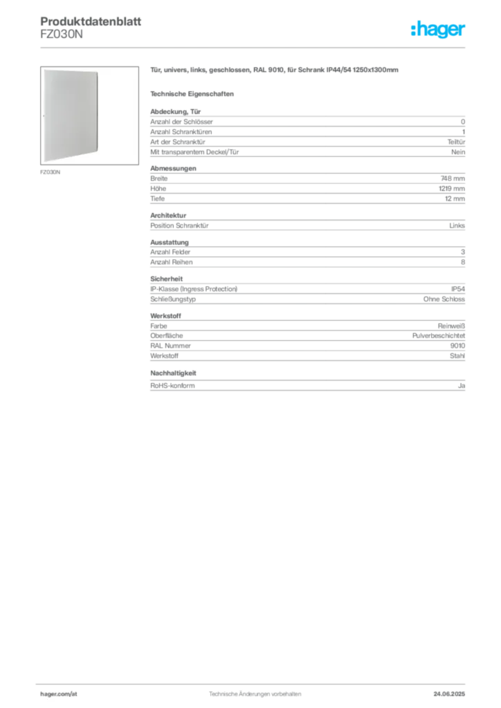 Bild Hager Produktdatenblatt FZ030N | Hager Deutschland