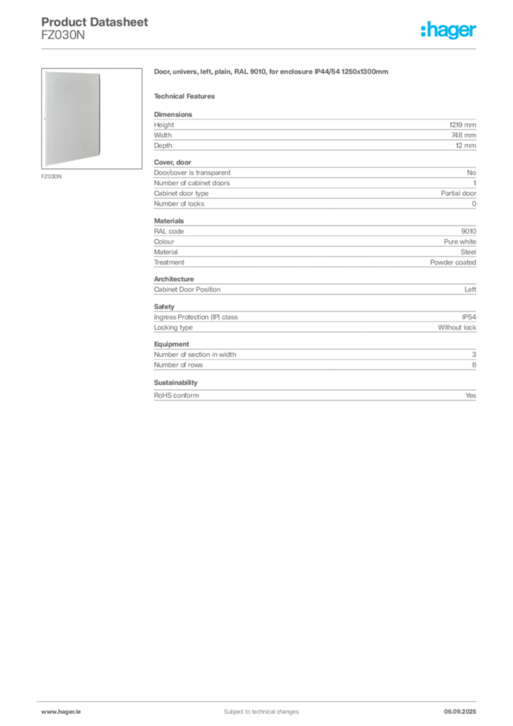 Image Hager Product data sheet FZ030N  | Hager
