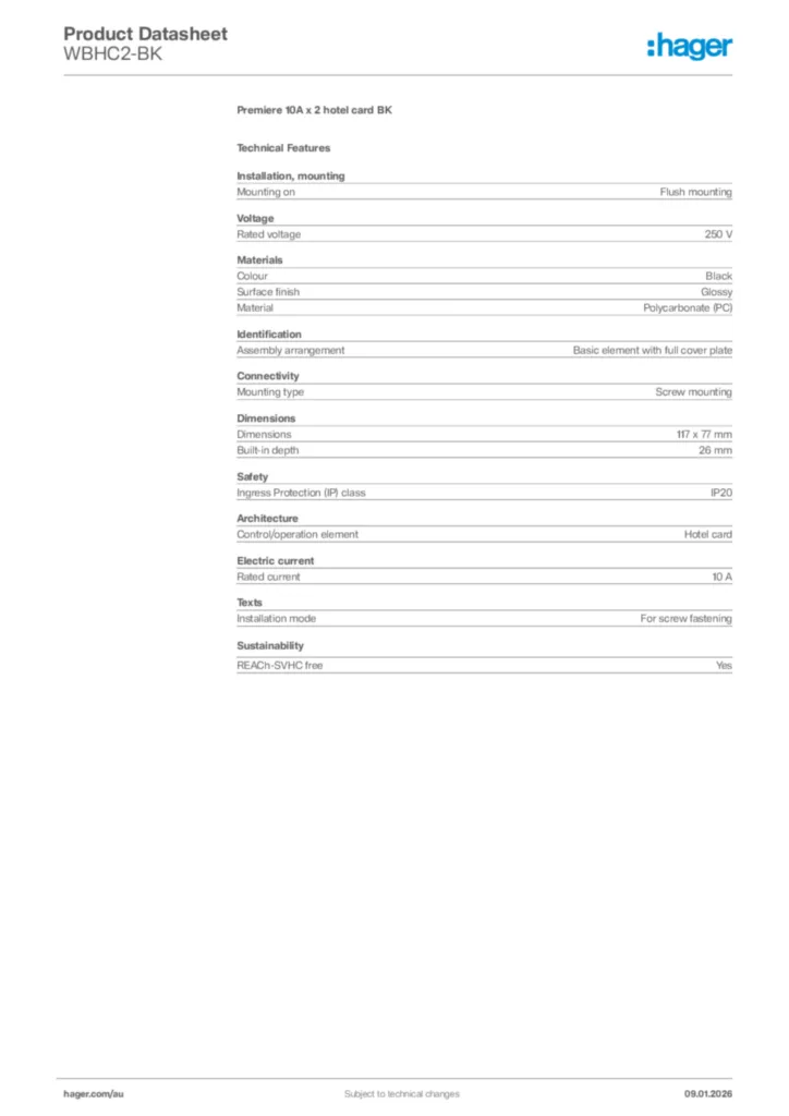 Image Hager Product data sheet WBHC2-BK  | Hager Australia