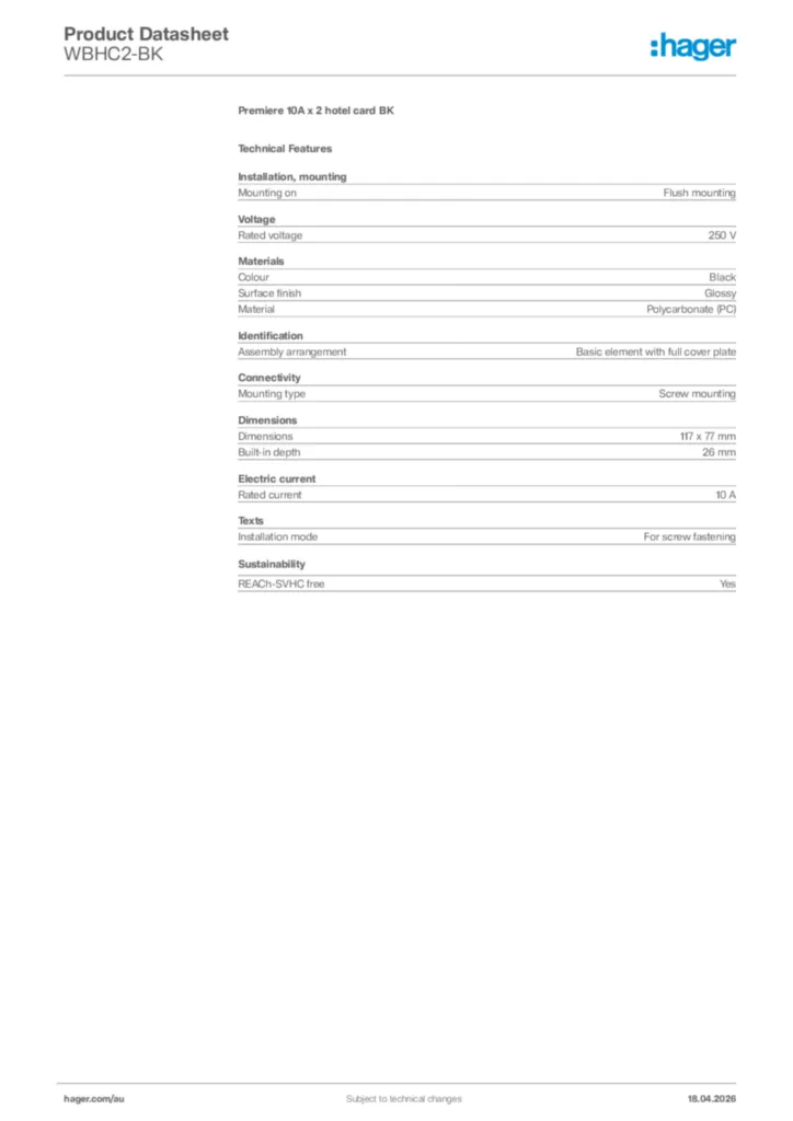 Image Hager Product data sheet WBHC2-BK  | Hager Australia