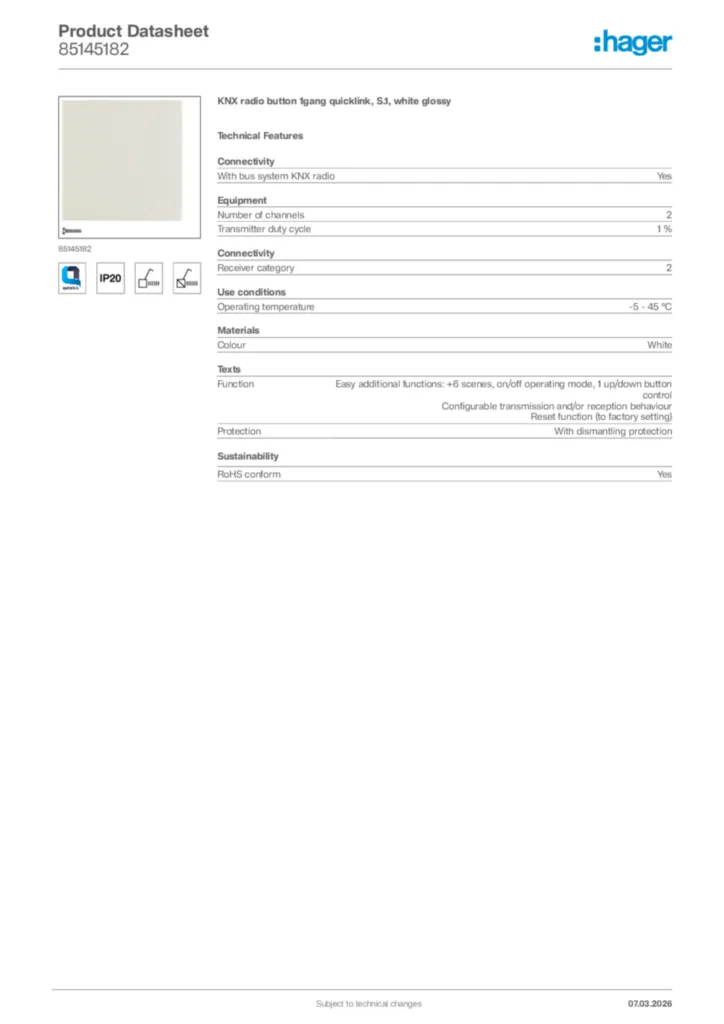 Image Hager Product data sheet 85145182  | Hager Africa