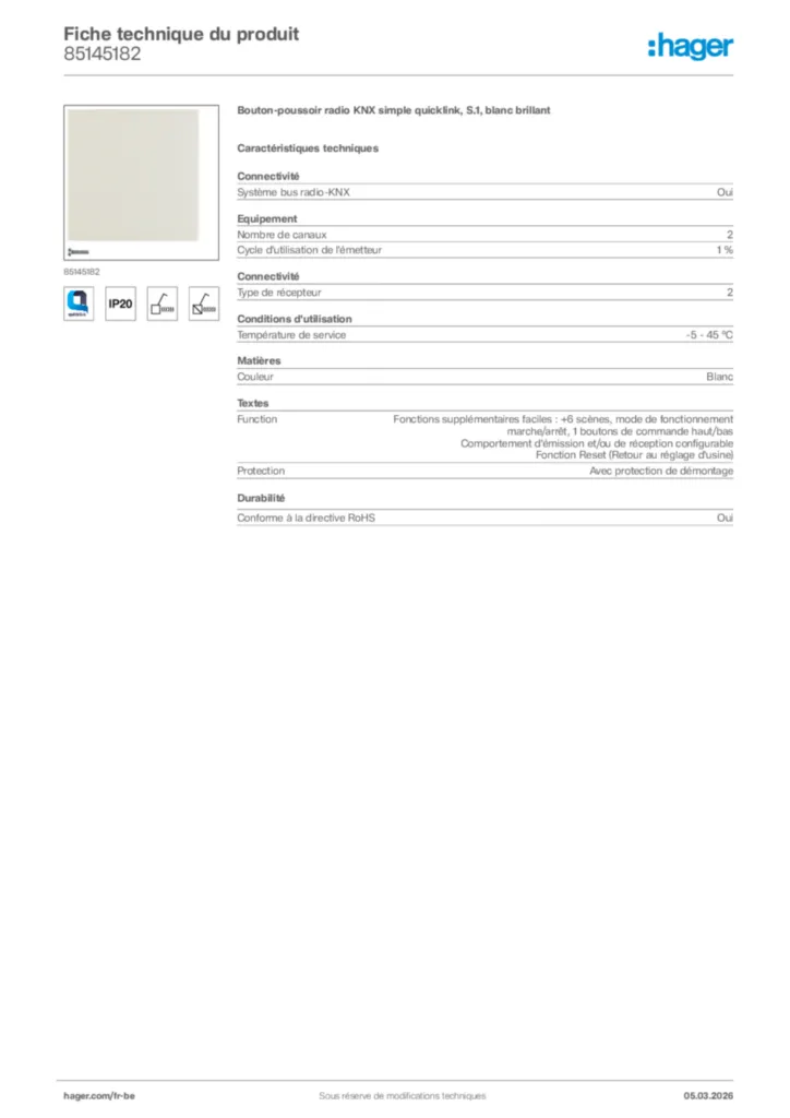 Image Hager Fiche technique du produit 85145182 | Hager Belgique