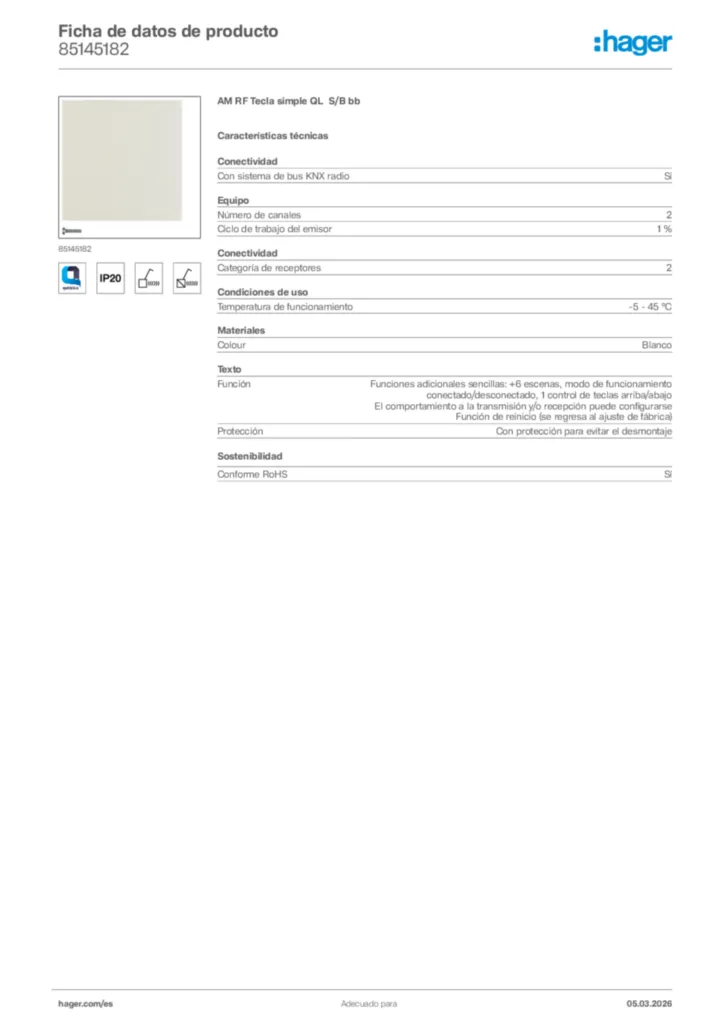 Imagen Hager Ficha de datos de producto 85145182 | Hager España