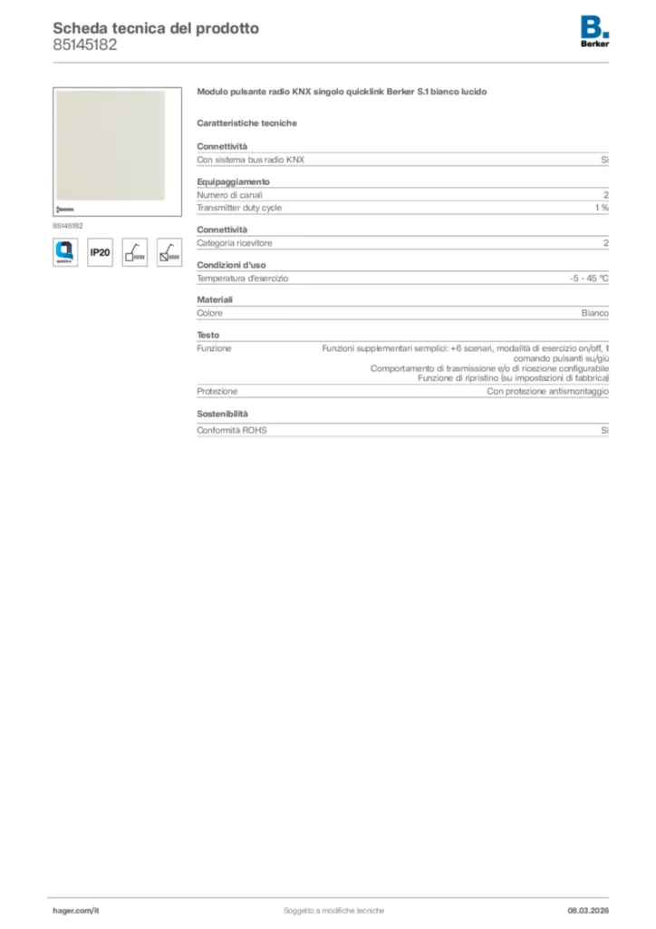 Immagine Berker Scheda tecnica del prodotto 85145182 | Hager Italia