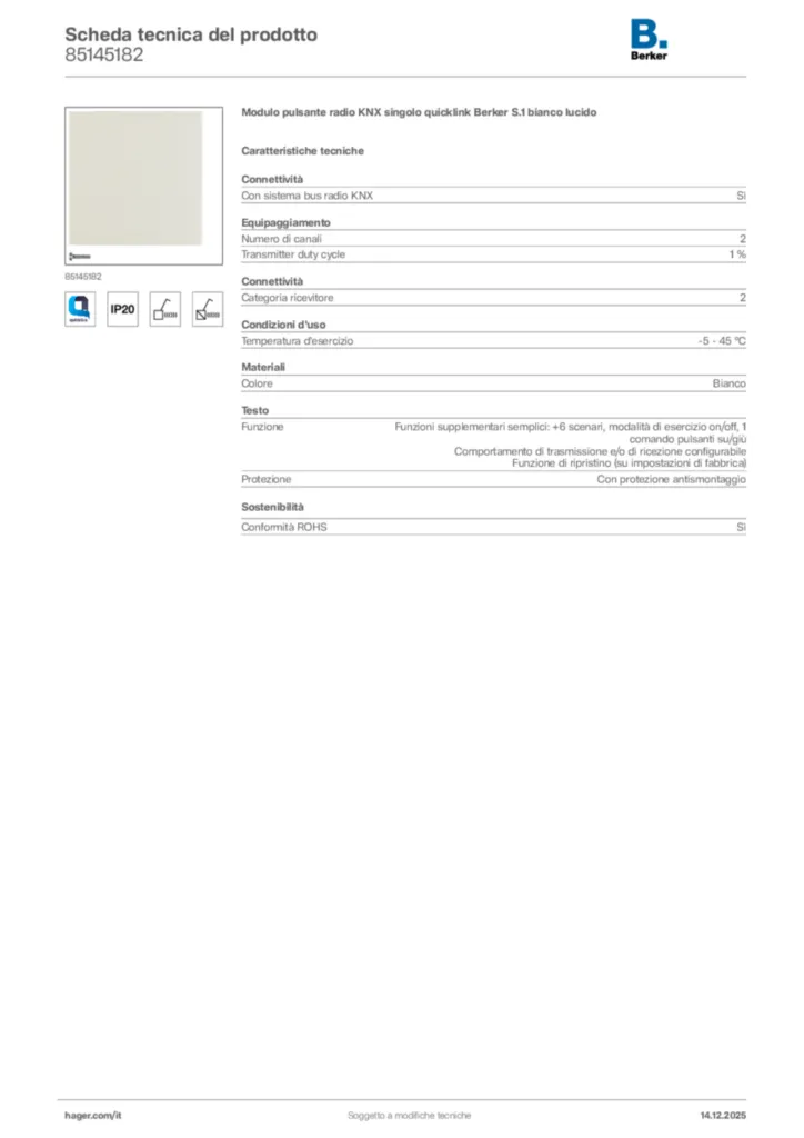 Immagine Berker Scheda tecnica del prodotto 85145182 | Hager Italia