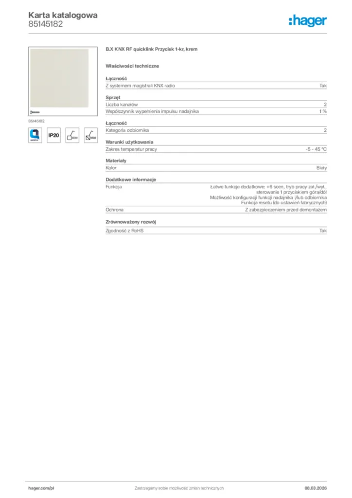 Zdjęcie Hager Karta katalogowa 85145182 | Hager Polska