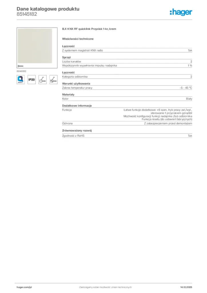 Zdjęcie Hager Karta katalogowa 85145182 | Hager Polska