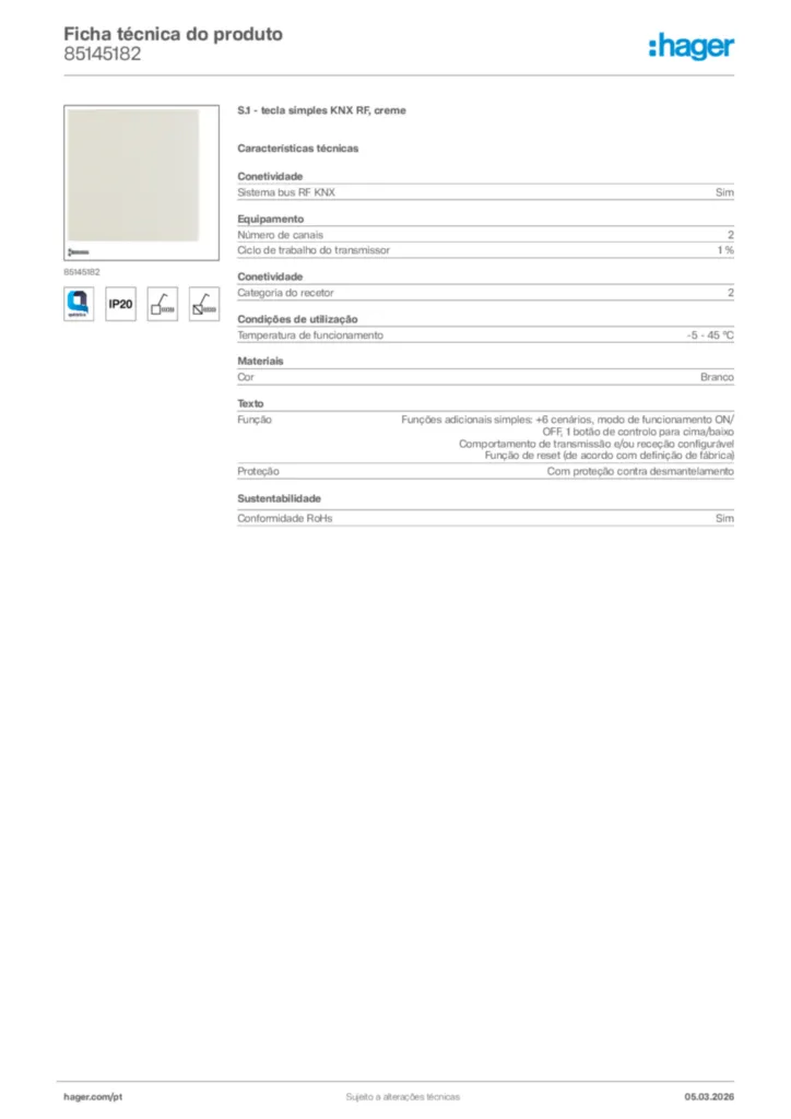 Imagem Hager Ficha técnica do produto 85145182 | Hager Portugal