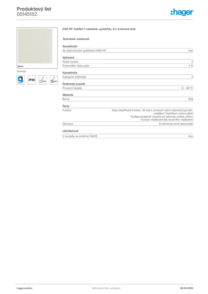 Obrázek Hager Product data sheet 85145182 | Hager