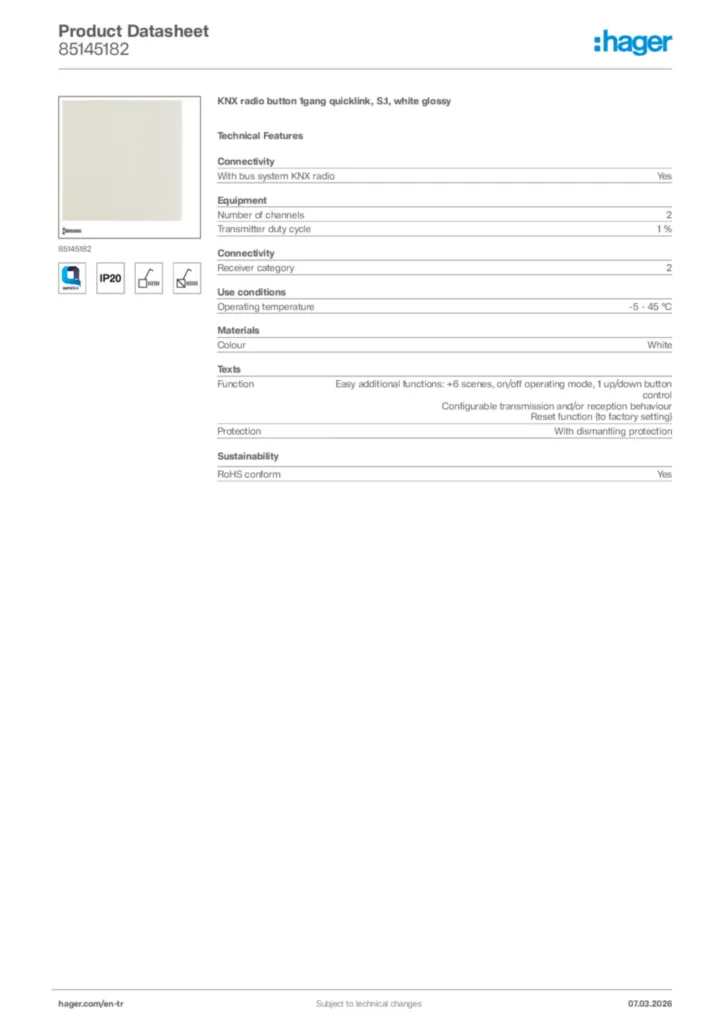 Image Hager Product data sheet 85145182  | Hager