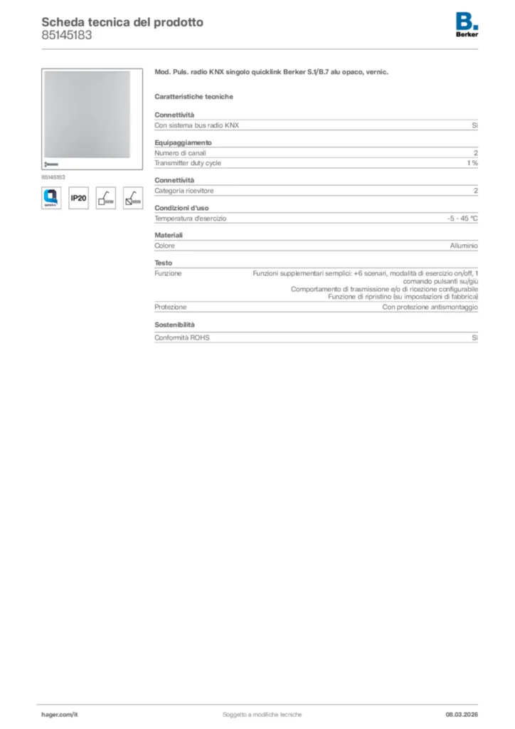 Immagine Berker Scheda tecnica del prodotto 85145183 | Hager Italia