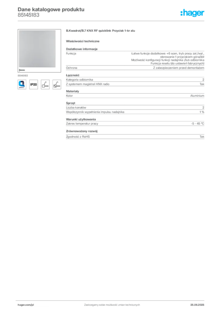 Zdjęcie Hager Karta katalogowa 85145183 | Hager Polska
