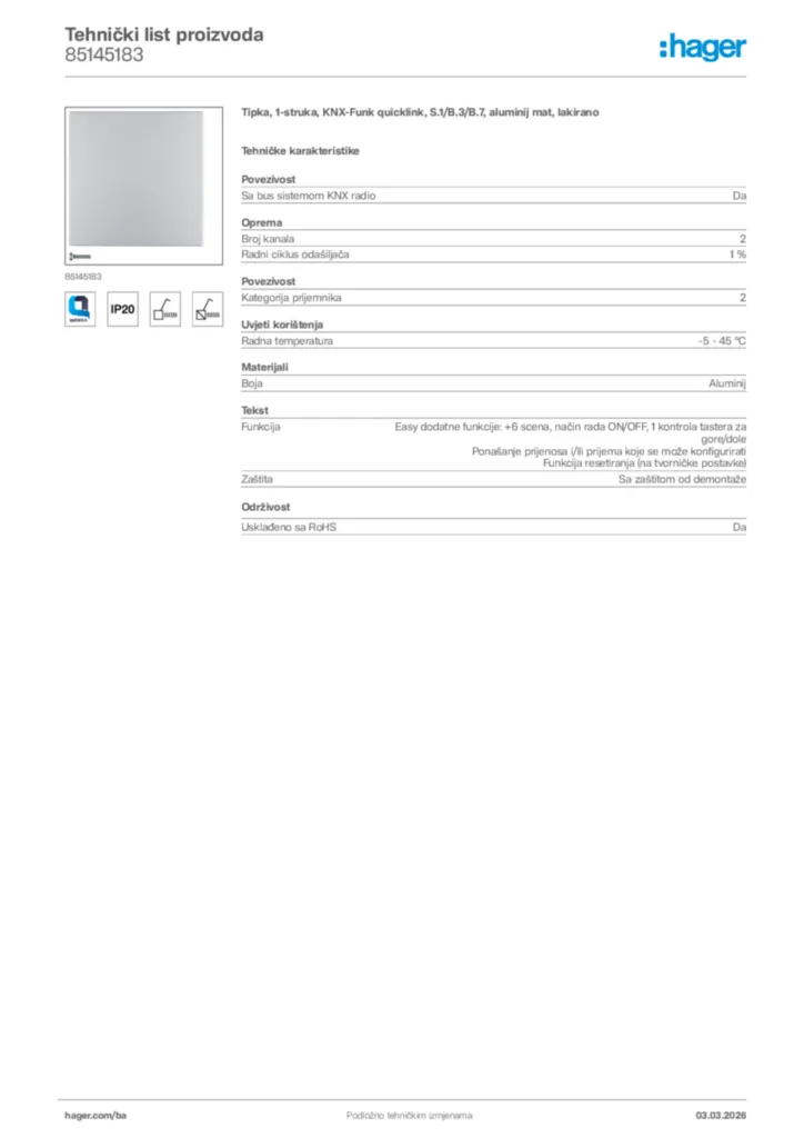 Slika Hager Tehnički list proizvoda 85145183  | Hager