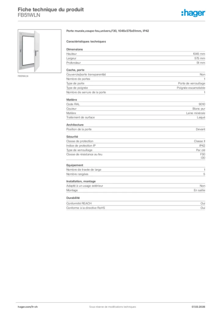 Image Hager Fiche technique du produit FB51WLN | Hager Suisse
