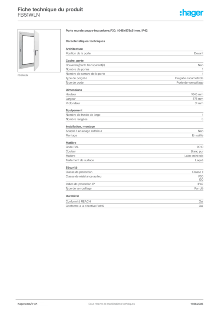 Image Hager Fiche technique du produit FB51WLN | Hager Suisse