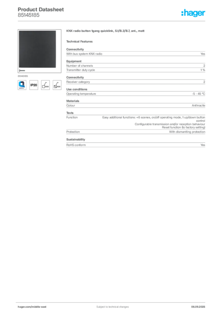Image Hager Product data sheet 85145185  | Hager