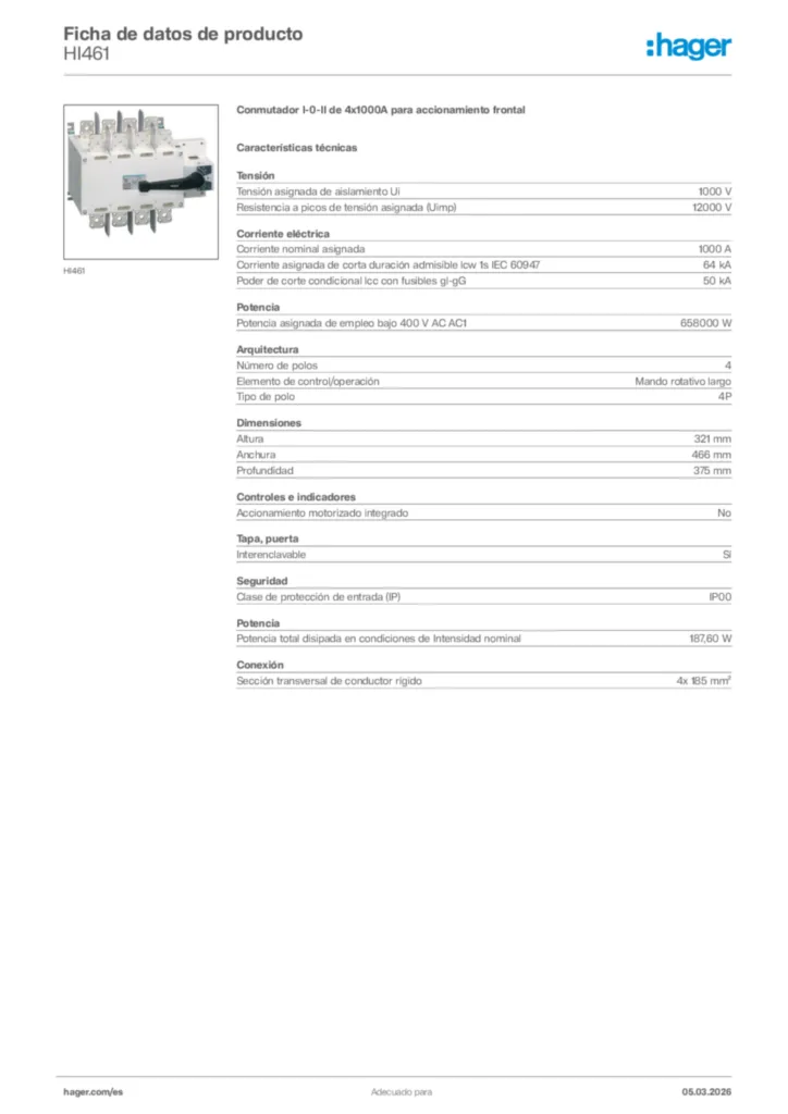 Imagen Hager Ficha de datos de producto HI461 | Hager España