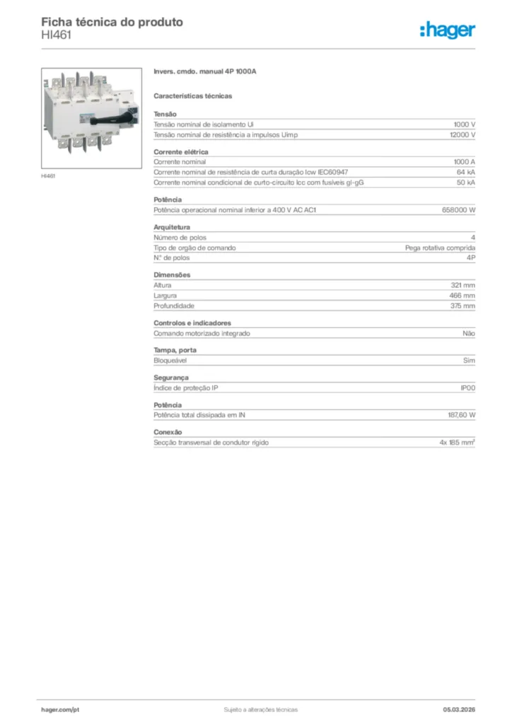 Imagem Hager Ficha técnica do produto HI461 | Hager Portugal