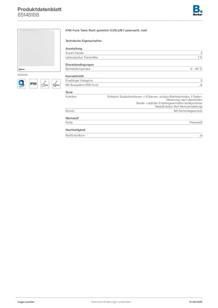 Bild Berker Produktdatenblatt 85145188 | Hager Deutschland