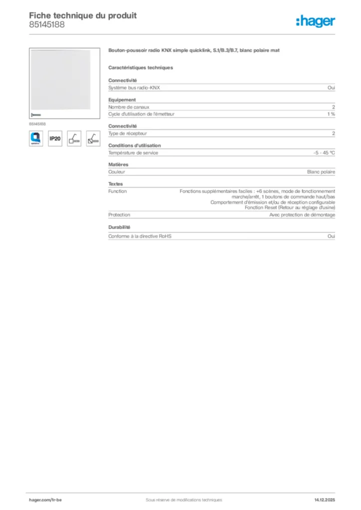 Image Hager Fiche technique du produit 85145188 | Hager Belgique