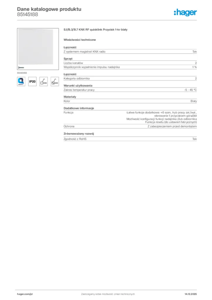 Zdjęcie Hager Karta katalogowa 85145188 | Hager Polska