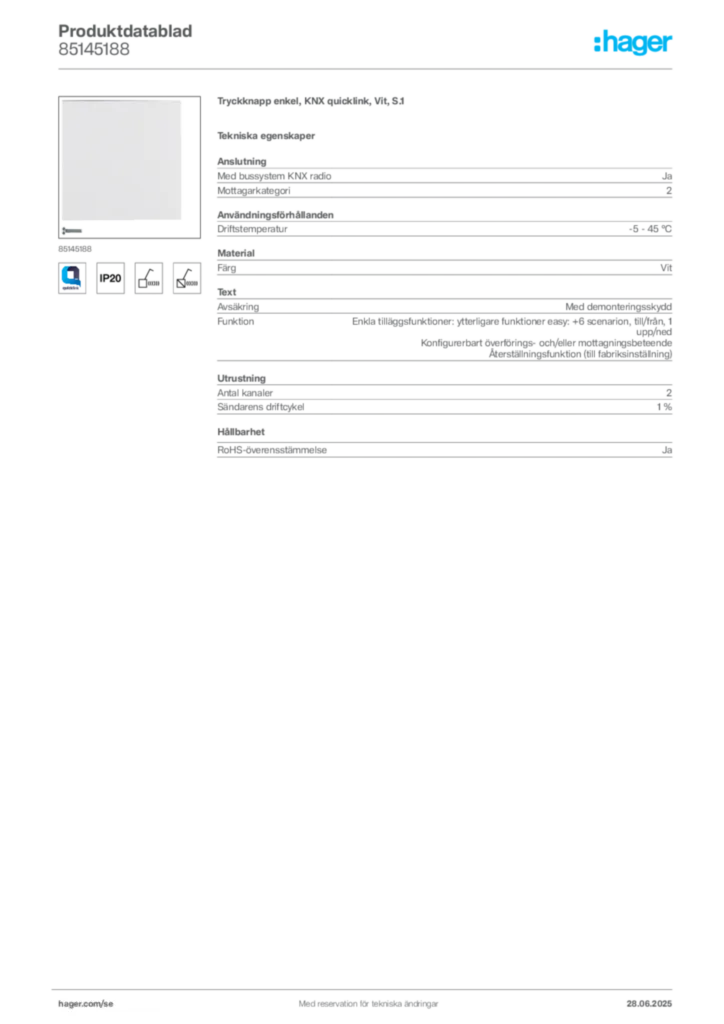 Bild Hager Produktdatablad 85145188 | Hager Sverige