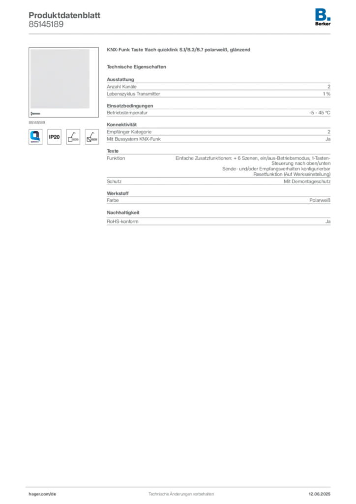 Bild Berker Produktdatenblatt 85145189 | Hager Deutschland