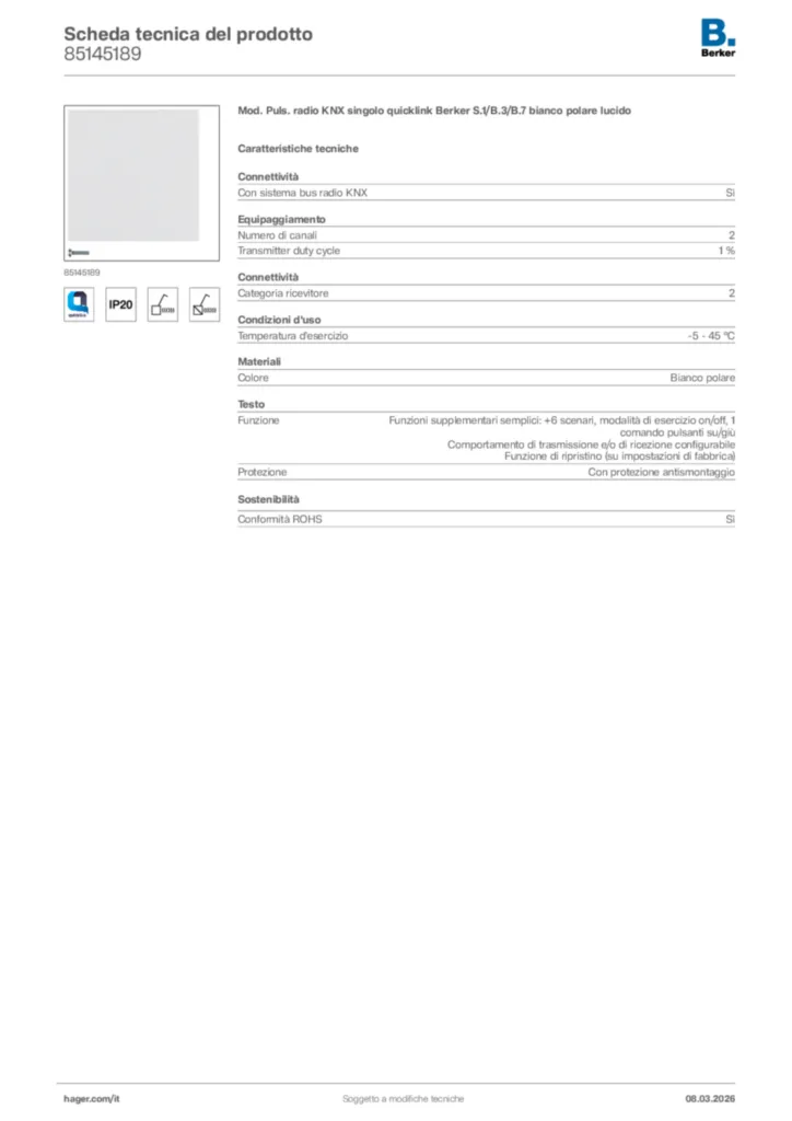 Immagine Berker Scheda tecnica del prodotto 85145189 | Hager Italia