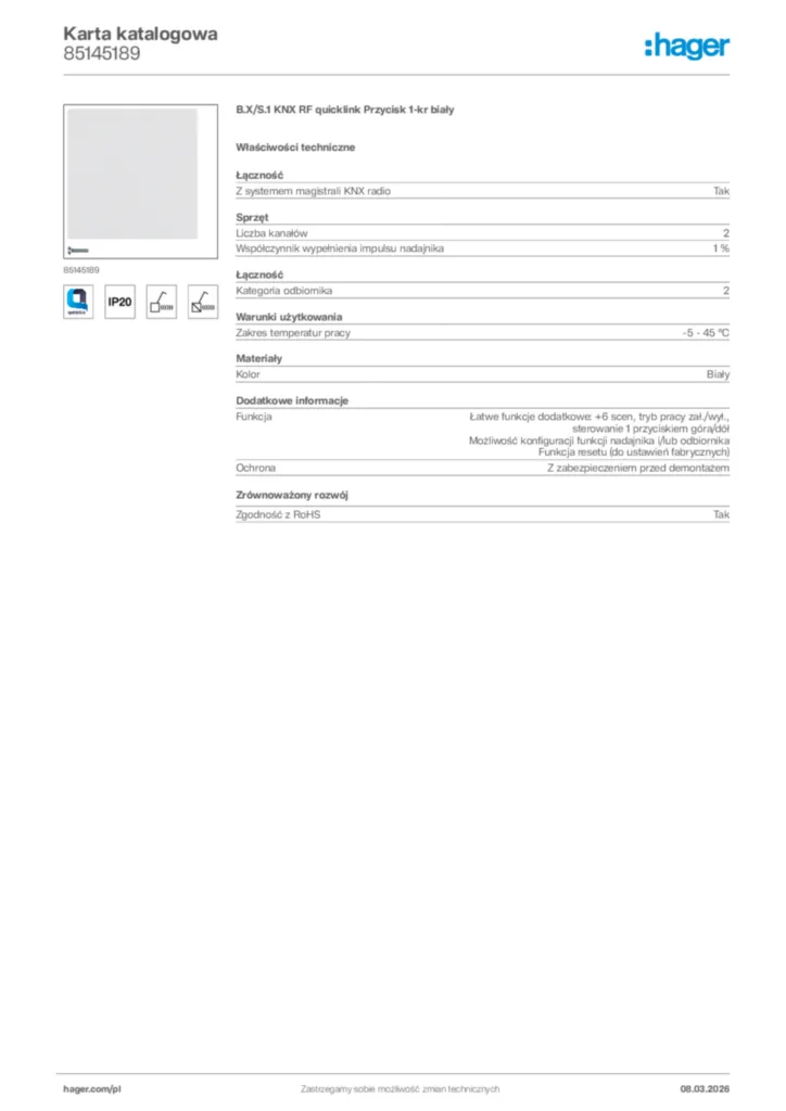 Zdjęcie Hager Karta katalogowa 85145189 | Hager Polska